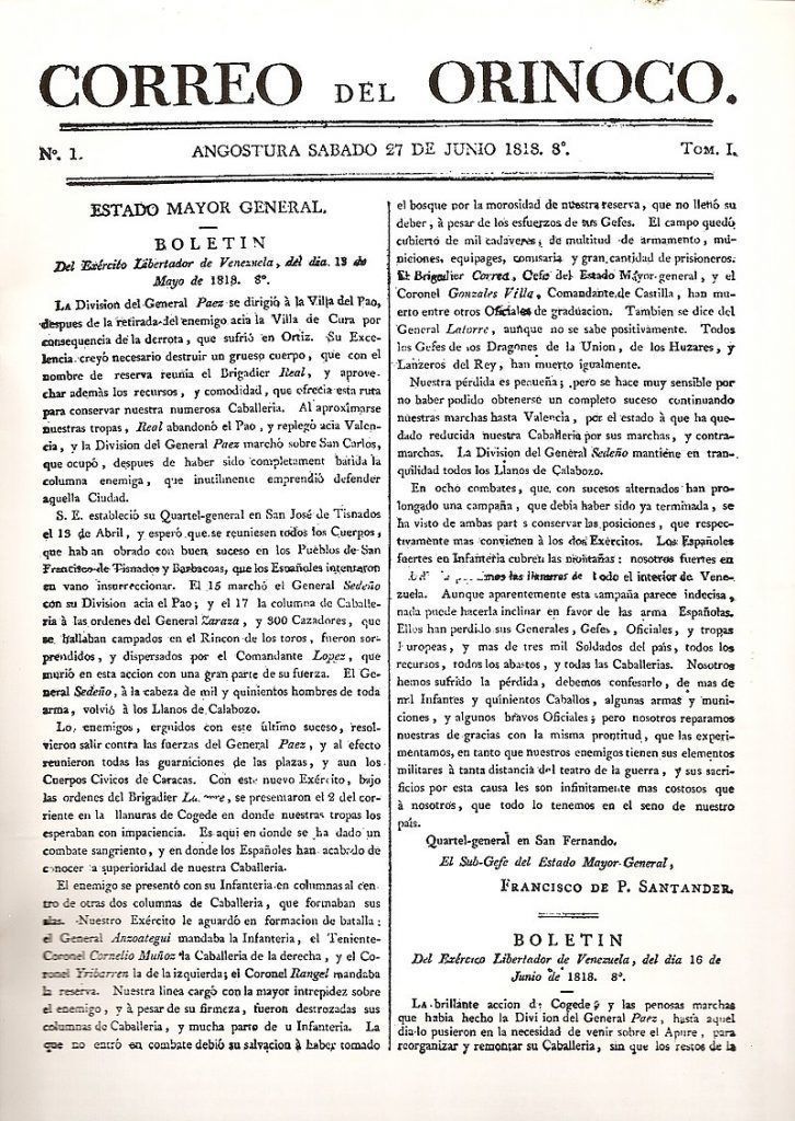 Facsímil del primer número del Correo del Orinoco